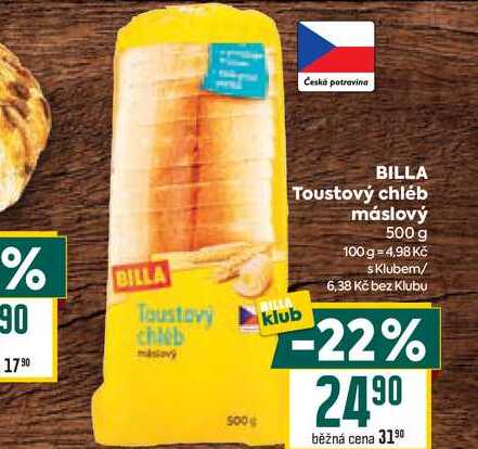BILLA Toustový chléb máslový 500 g 