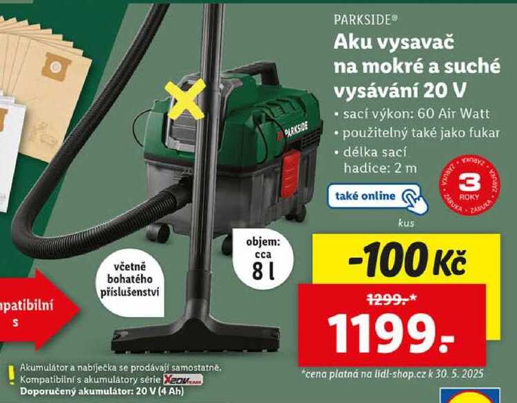 Aku vysavač na mokré a suché vysávání 20 V