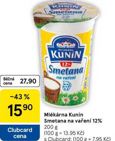 Mlékárna Kunín Smetana na vaření 12%, 200 g