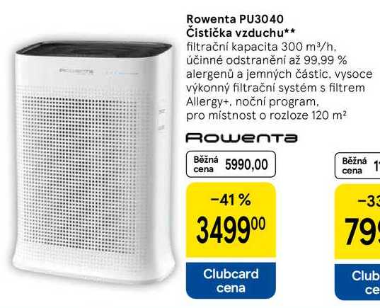 Rowenta PU3040 Čistička vzduchu, filtrační kapacita 300 m³/h, účinné odstranění až 99.99% alergenů a jemných částic 