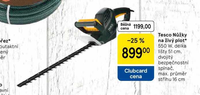 Tesco Nůžky na živý plot, 550 W. délka 89900 lišty 51 cm. dvojitý bezpečnostní spínač, max. průměr cena střihu 16 cm