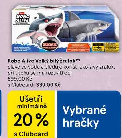 Robo Alive Velký bílý žralok, plave ve vodě a sleduje kořist jako živý žralok, při útoku se mu rozsvítí oči  