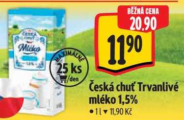 Česká chuť Trvanlivé mléko 1,5%, 1 l
