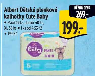 Albert Dětské plenkové kalhotky Cute Baby, Maxi 44 ks, Junior 40 ks, XL 36 ks