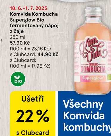 Komvida Kombucha Superglow Bio fermentovaný nápoj z čaje, 250 ml