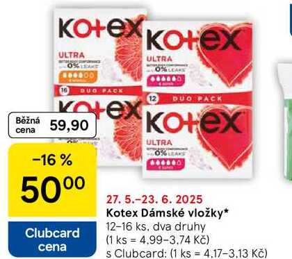 Kotex Dámské vložky, 12-16 ks, dva druhy 