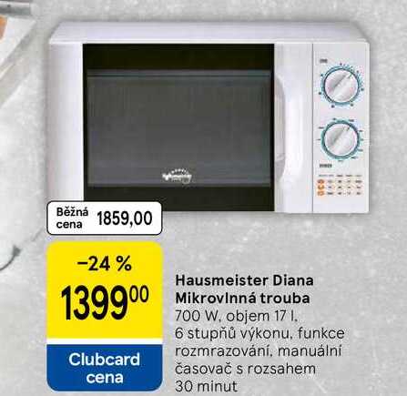 Hausmeister Diana Mikrovlnná trouba 700 W, objem 17 1. 6 stupňů výkonu, funkce rozmrazování, manuální časovač s rozsahem 30 minut 