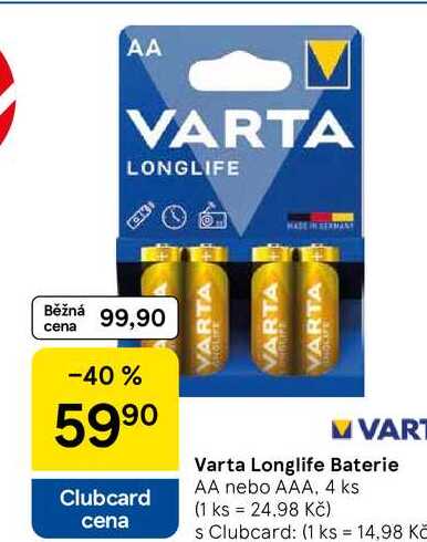 Varta Longlife Baterie AA nebo AAA, 4 ks