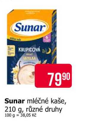 Sunar mléčné kaše, 210 g, různé druhy 