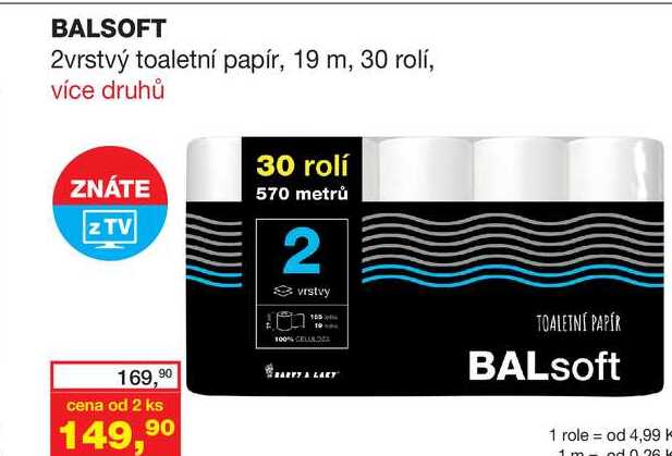 BALSOFT 2vrstvý toaletní papír, 19 m, 30 rolí 