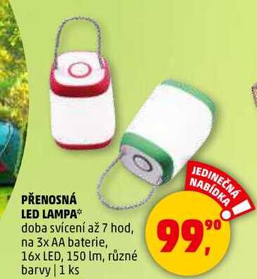 PŘENOSNÁ LED LAMPA doba svícení až 7 hod, na 3x AA baterie, 16x LED, 150 lm, různé barvy, 1 ks