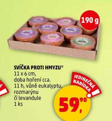 SVÍČKA PROTI HMYZU 11 x 6 cm, doba hoření cca. 11 h, vůně eukalyptu, rozmarýnu či levandule, 1 ks 