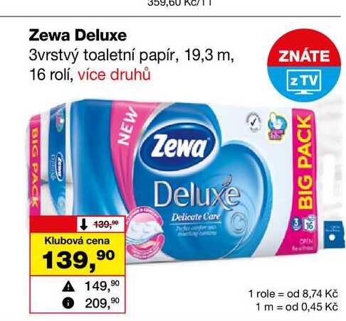 Zewa Deluxe 3vrstvý toaletní papír, 19,3 m, 16 rolí 