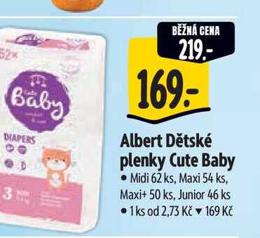   Albert Dětské plenky Cute Baby Midi 62 ks, Maxi 54 ks, Maxi+ 50 ks, Junior 46 ks 