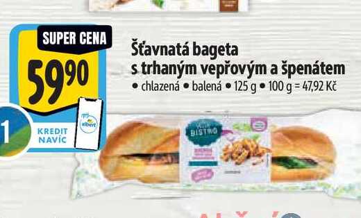   Šťavnatá bageta s trhaným vepřovým a špenátem 125 g