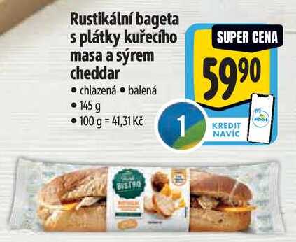 Rustikální bageta s plátky kuřecího masa a sýrem cheddar, 145 g