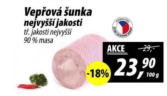 Vepřová šunka nejvyšší jakosti tř. jakosti nejvyšší 90% masa, 100 g