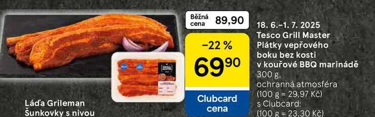 Tesco Grill Master Plátky vepřového boku bez kosti v kouřové BBQ marinádě, 300 g 