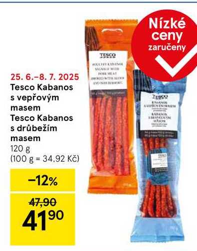 Tesco Kabanos s vepřovým masem Tesco Kabanos s drůbežím masem, 120 g 