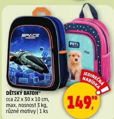 DĚTSKÝ BATOH cca 22 x 30 x 10 cm, max. nosnost 3 kg, různé motivy, 1 ks 