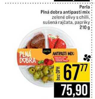 Perla Plná dobra antipasti mix zelené olivy s chilli, sušená rajčata, papriky 210 g