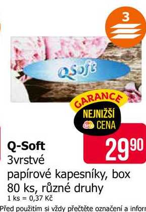 Q-Soft 3vrstvé papírové kapesníky, box 80 ks, různé druhy 