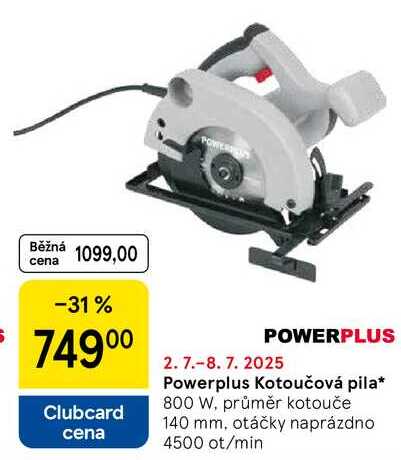 Powerplus Kotoučová pila, 800 W, průměr kotouče 140 mm, otáčky naprázdno 4500 ot/min 