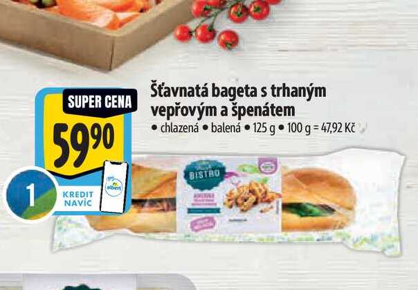  Šťavnatá bageta s trhaným vepřovým a špenátem 125 g 