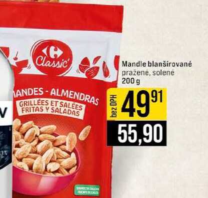 Mandle blanširované pražené, solené 200 g