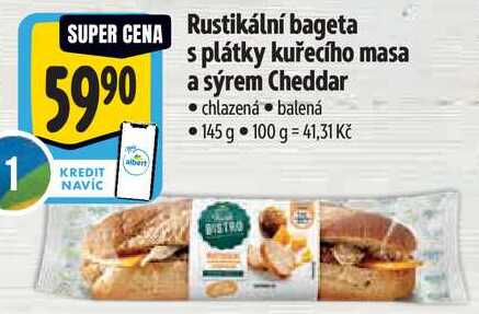 Rustikální bageta s plátky kuřecího masa a sýrem Cheddar, 145 g