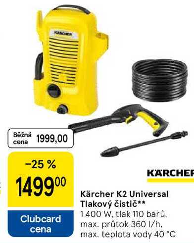 Kärcher K2 Universal Tlakový čistič, 1400 W, tlak 110 barů. max. průtok 360 1/h, max. teplota vody 40 °C 