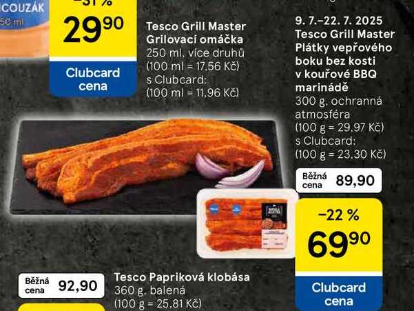Tesco Grill Master Plátky vepřového boku bez kosti v kouřové BBQ marinádě, 300 g 