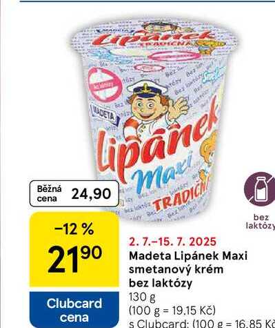 Madeta Lipánek Maxi smetanový krém bez laktózy, 130 g 
