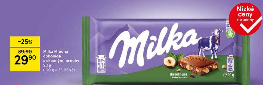 Milka Mléčná čokoláda s drcenými ořechy, 90 g  