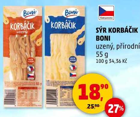SÝR KORBÁČIK BONI uzený, přírodní, 55 g  