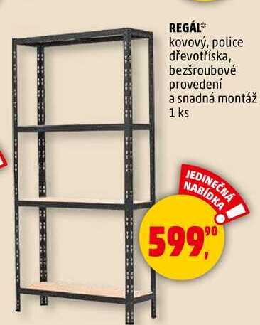 REGÁL kovový, police dřevotříska, bezšroubové provedení a snadná montáž, 1 ks 