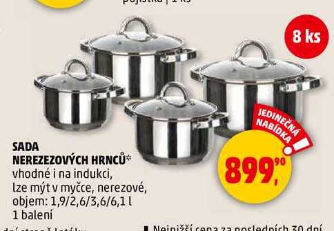 SADA NEREZEZOVÝCH HRNCŮ vhodné i na indukci, Ize mýt v myčce, nerezové, objem: 1,9/2,6/3,6/6,1 l, 1 balení, 8 ks  