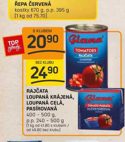 RAJČATA LOUPANÁ KRÁJENÁ, LOUPANÁ CELÁ, PASÍROVANÁ 400 - 500 g. p.p. 240 -500 g