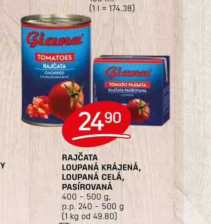 RAJČATA LOUPANÁ KRÁJENÁ, LOUPANÁ CELÁ, PASÍROVANÁ 400-500 g. p.p. 240 - 500 g