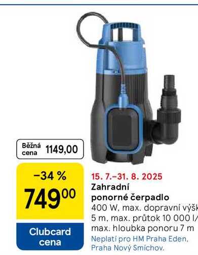 Zahradní ponorné čerpadlo, 400 W. max. dopravní výška 5 m. max. průtok 10 000 I/ max. hloubka ponoru 7 m 