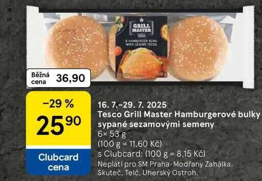 Tesco Grill Master Hamburgerové bulky sypané sezamovými semeny, 6x 53 g