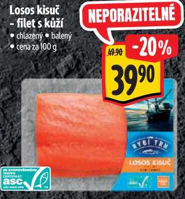 Losos kisuč - filet s kůží, cena za 100 g