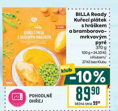 BILLA Ready Kuřecí plátek s hráškem a bramborovo- mrkvovým pyré 370 g 