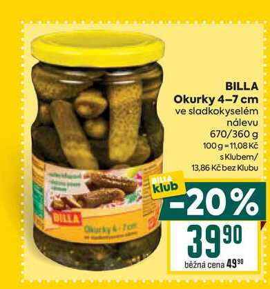 BILLA Okurky 4-7 cm ve sladkokyselém nálevu 670/360 g 