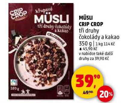 MÜSLI CRIP CROP tři druhy čokolády a kakao, 350 g 