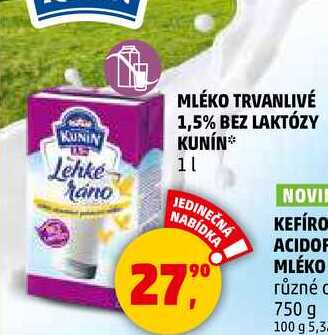 MLÉKO TRVANLIVÉ 1,5% BEZ LAKTÓZY KUNÍN, 1 l 