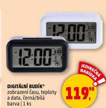 DIGITÁLNÍ BUDÍK zobrazení času, teploty a data, černá/bílá barva, 1 ks