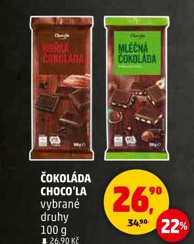 ČOKOLÁDA CHOCO'LA vybrané druhy, 100 g 