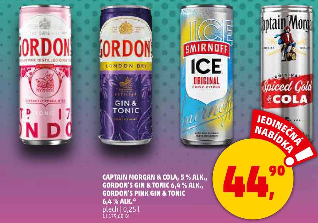 CAPTAIN MORGAN & COLA, 5% ALK., GORDON'S GIN & TONIC 6,4 % ALK., plech, 0,25 l