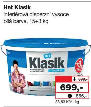 Het Klasik interiérová disperzní vysoce bílá barva, 15+3 kg 